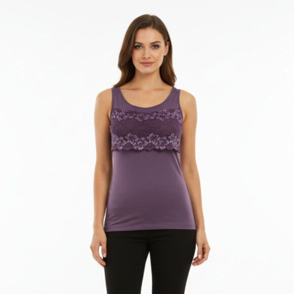 Rhonda Shear Purple Plum Sleeveless Lace Bodice Trim Tank Top 3X